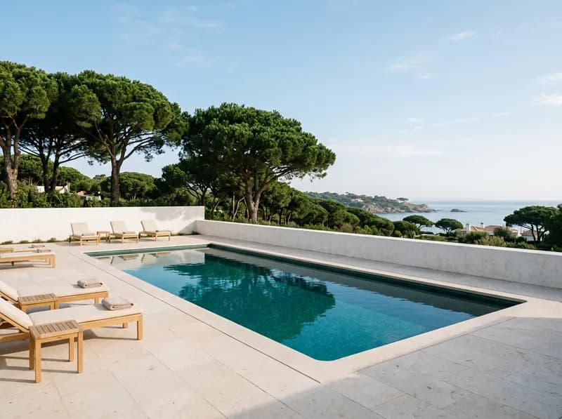 Piscina retangular de moradia com deck em pedra calcária em Cascais