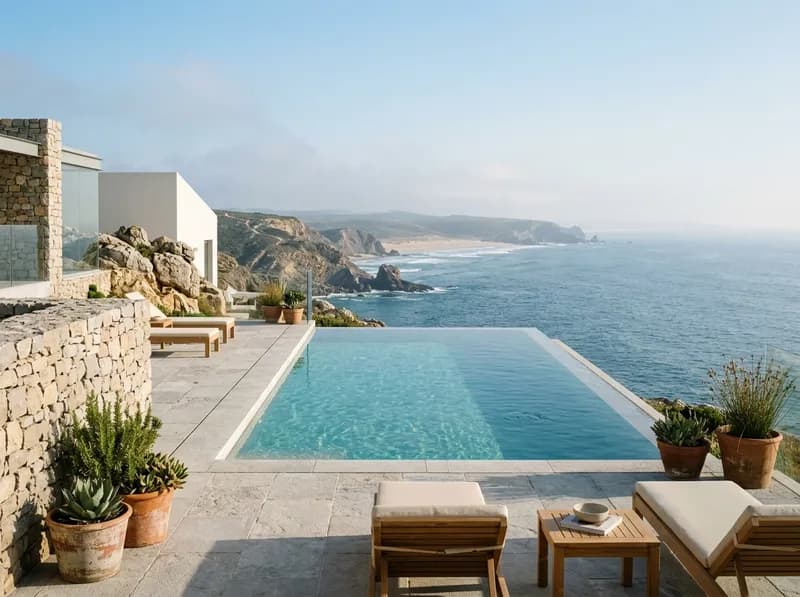 Piscina infinita sobre o Atlântico perto de Cascais