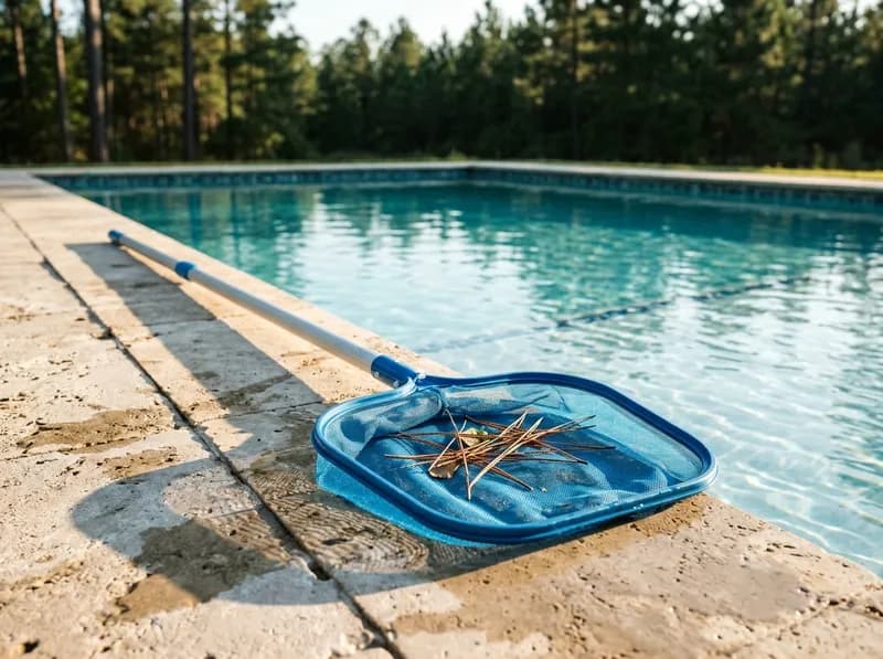 Rede de limpeza pousada na borda de uma piscina limpa