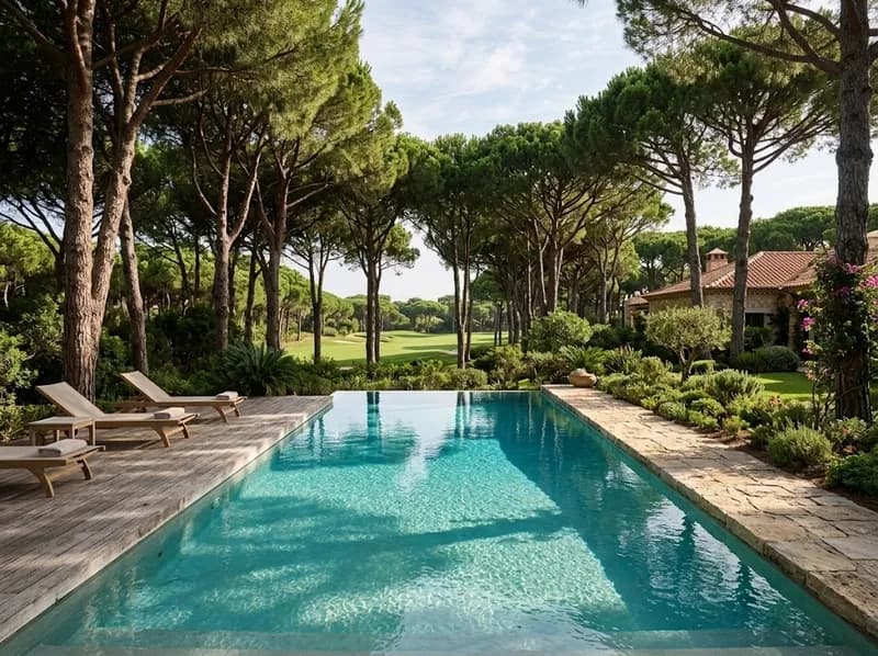Piscina rodeada de pinheiros na Quinta da Marinha
