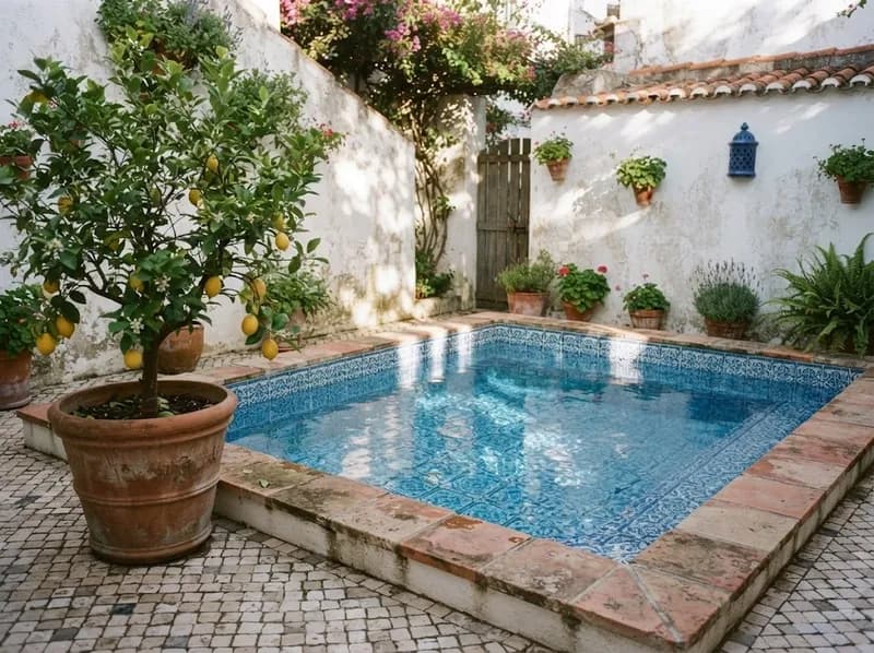 Pequena piscina de pátio com azulejos em mosaico, acabada de limpar