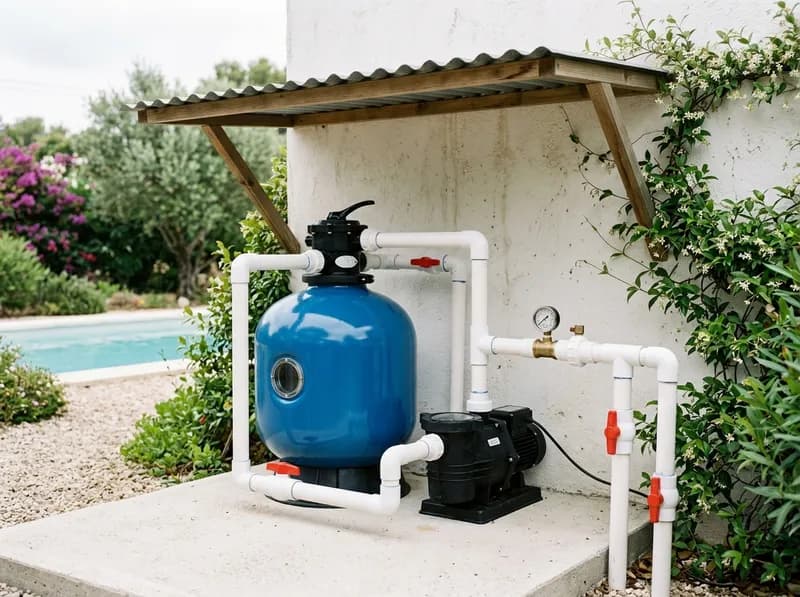 Casa das máquinas de piscina com filtro e tubagem novos