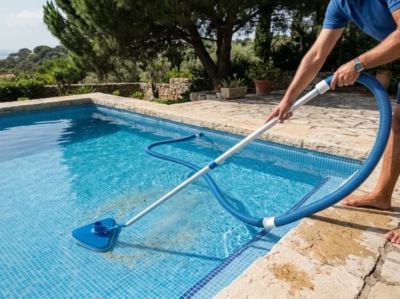 Piscina a ser aspirada com vara manual e mangueira