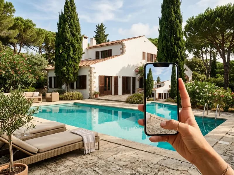 Piscina de moradia em Cascais com um telemóvel a mostrar uma mensagem com fotografia