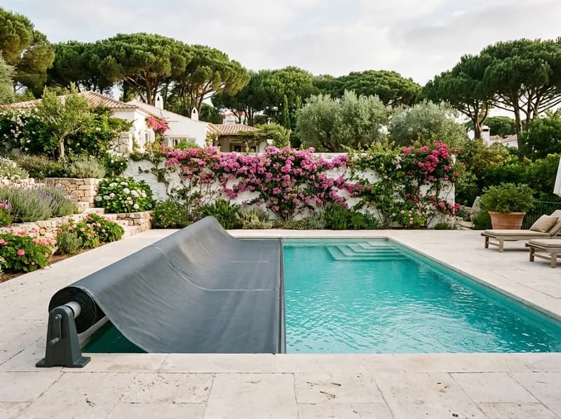 Cobertura de piscina a ser recolhida sobre uma piscina limpa na primavera