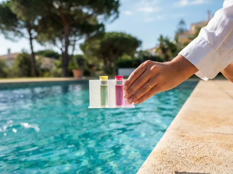 Kit de teste de água com frascos coloridos sobre uma piscina