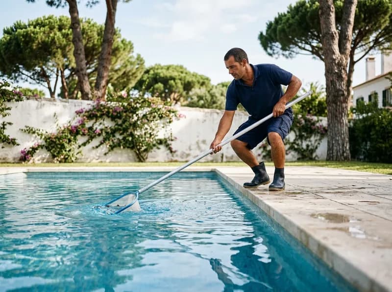 Técnico a passar a rede numa piscina residencial de água limpa